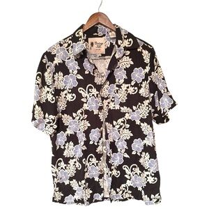 Vintage Silk MENS Silk Linen Floral Button Front Hawaiian Shirt Black Medium